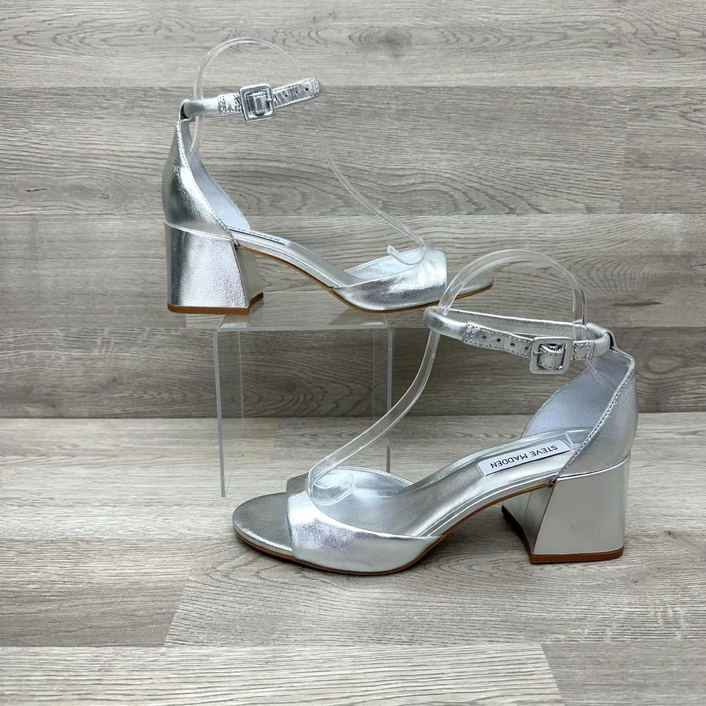 Steve Madden Sandal Shoes Womens Size 8.5M Silver Ella Ankle Strap Block Heel